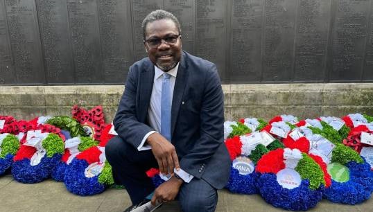 Image:Nautilus deputy general secretary Olu Tunde at the Merchant Navy Memorial, Tower Hill, London, where he placed a wreath on behalf of the Union. Image: Nautilus International