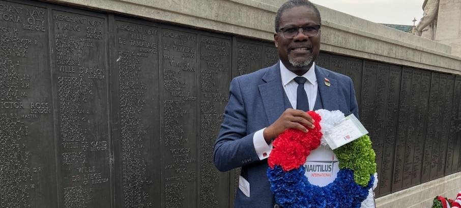 Image:Nautilus deputy general secretary Olu Tunde at the Merchant Navy Memorial in London.