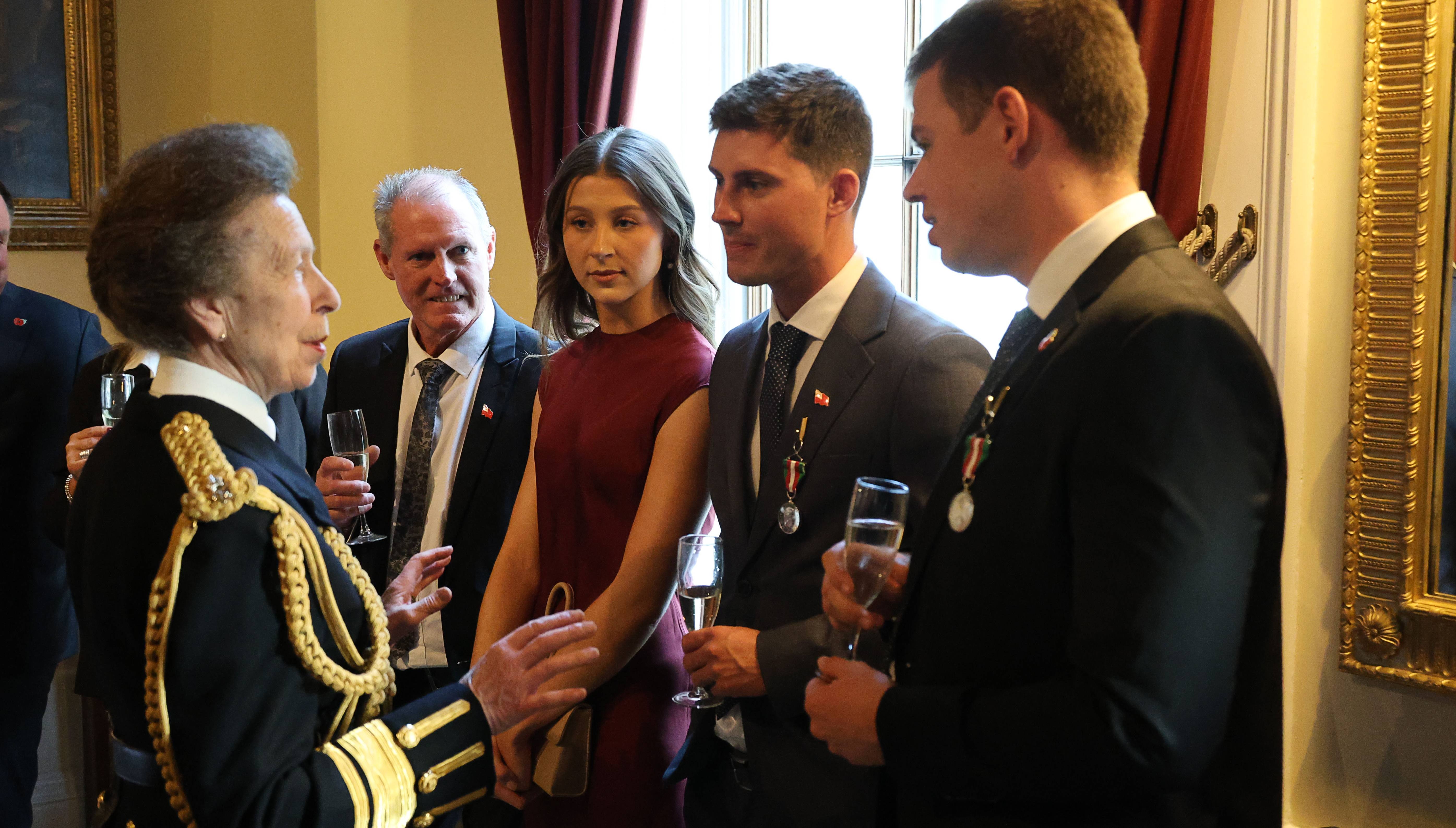 Image:HRH The Princess Royal talks to some of the yacht crew recipients of the UK Merchant Navy Medals during the 2024 awards reception. Image: Nautilus International