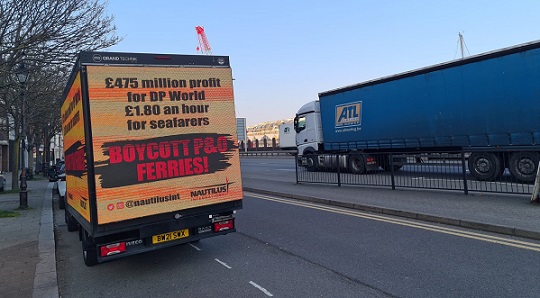 Image:The Nautilus campaign van in Dover highlighting the plight of P&O Ferries crew members sacked from ferries such as the Pride of Kent. Image: Nautilus International
