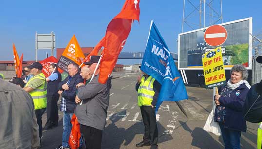 Image:Allied trade unions joined together in Larne to protest against the sacking of 800 seafarers by P&O Ferries. Image: Prospect