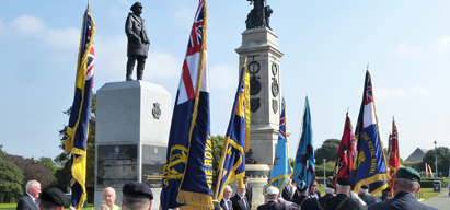 Image:Standard bearers on the march for Merchant Navy Day at Plymouth Hoe.