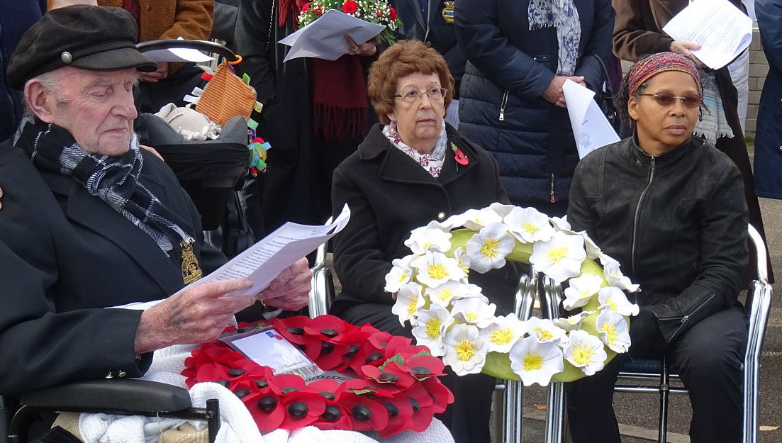 Image:Mariners' Park residents from left: Joe Oliver, a former submariner; Kathleen Keith, who attended with her husband Rob - an ex-Shell catering officer; and Faith Bebbington, the artist who worked with residents to help make the white rose wreath for this year's ceremony. Photos: Danny Kenny