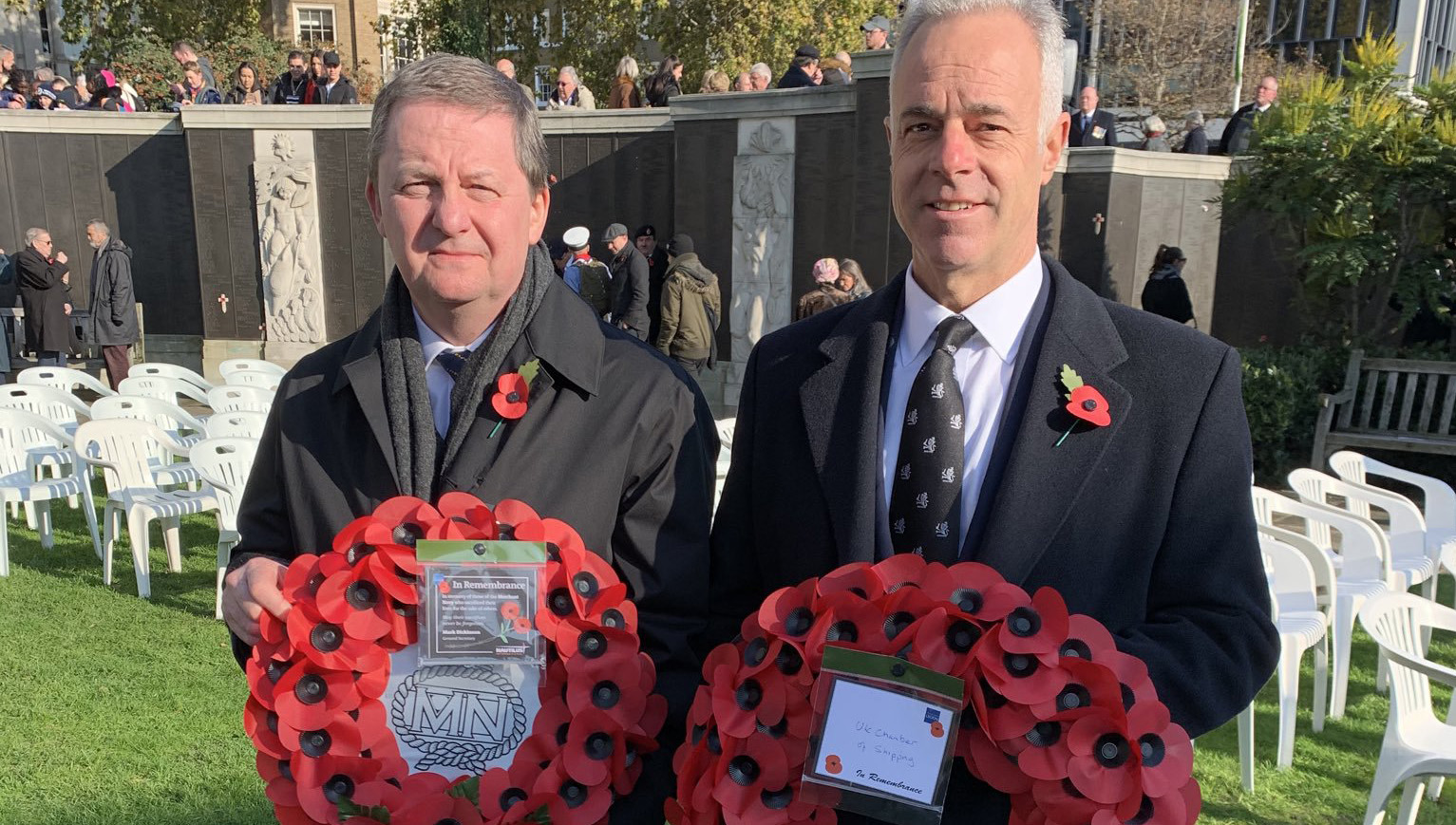 Image:Nautilus general secretary Mark Dickinson (left) and UK Chamber of Shipping CEO Bob Sanguinetti with wreaths laid during the ceremony for the UK Merchant Navy at Tower Hill in London.