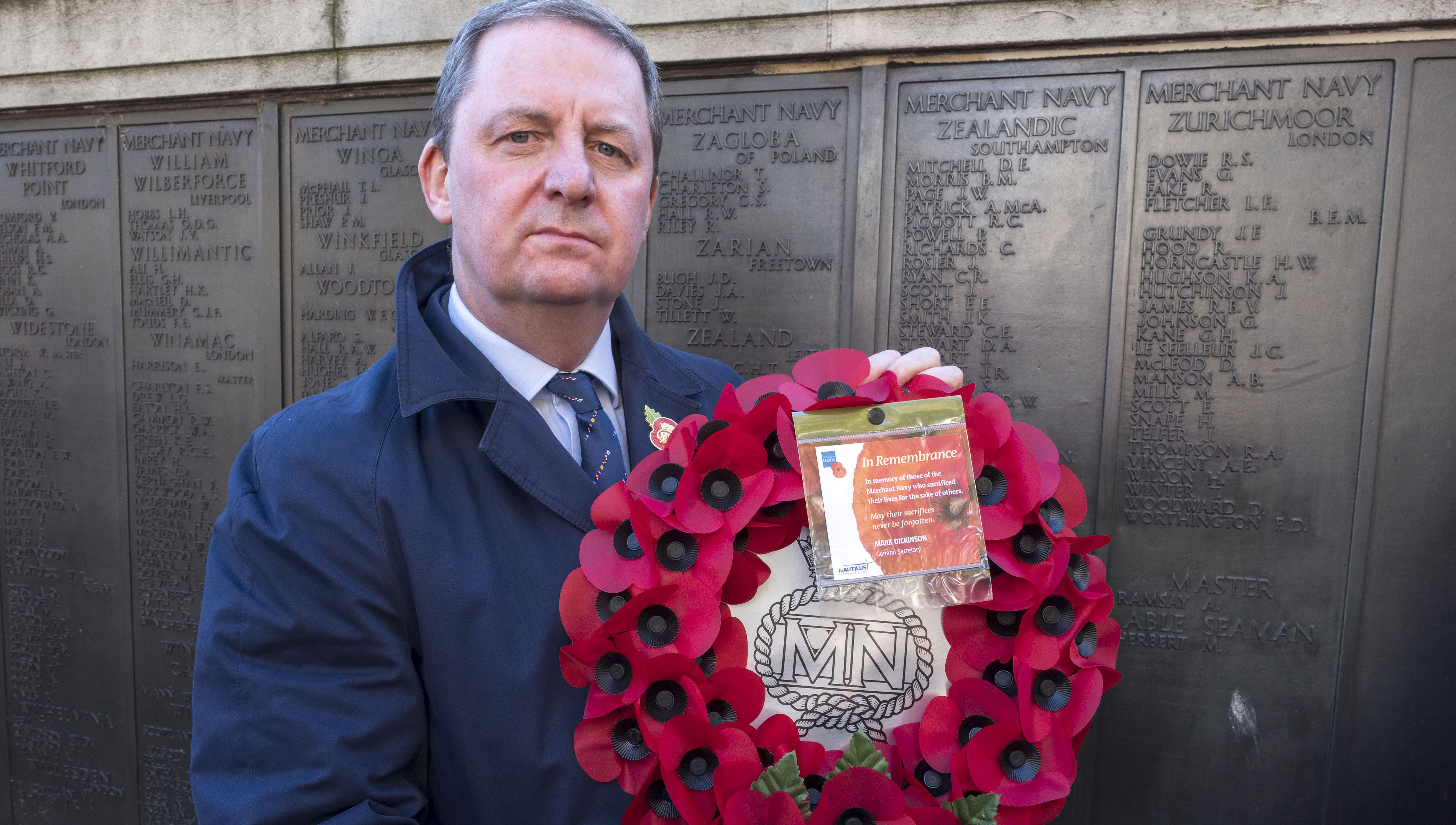 Image:General secretary Mark Dickinson laid a wreath at the Merchant Navy war memorial in Tower Hill, London.