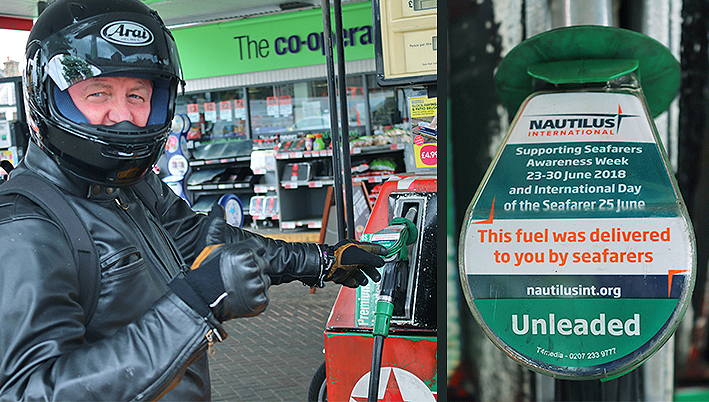 Image:Nautilus general secretary Mark Dickinson pumps out the message being promoted at petrol stations for Seafarers Awareness Week and Day of the Seafarer in June.