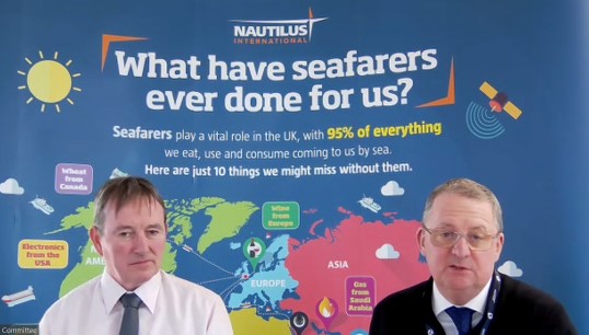 Image:Iain MacKenzie, chair of the Nautilus UK National Committee, and Nautilus general secretary Mark Dickinson hosting the 2024 UK Branch Conference. Image: Nautilus International