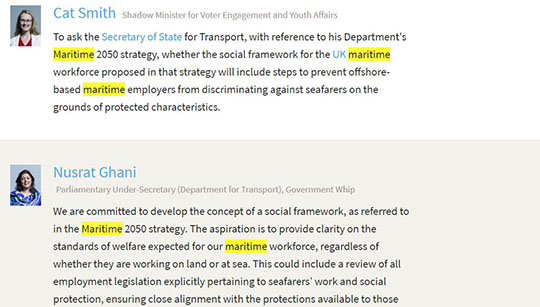 Image:Hansard report: Former shipping minister Nusrat Ghani commits to review the Equalities Act 2010 (Work on Ships and Hovercraft) Regulations 2011