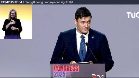Image:Nautilus director of organising Martyn Gray speaking in support of the composite motion on the UK Employment Rights Bill to TUC Congress 2025. Image: screenshot from TUC live feed