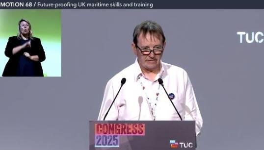 Image:Nautilus Council vice-chair Iain MacKenzie proposing the Nautilus motion on Future-Proofing UK Maritime Skills and Training to TUC Congress 2025. Image: screenshot from TUC live feed
