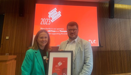 Image:Nautilus communications and campaigns director Helen Kelly and communications and campaigns organiser Robert Murtagh receiving the commendation. Image: Nautilus International