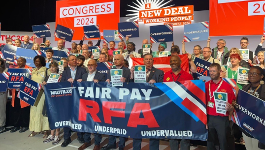 Image:TUC Congress delegates showing support for striking members of Nautilus International and the RMT union. Image: Nautilus International