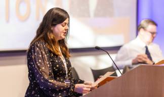 Image:Nautilus member Catherine Caseman proposing the motion An end to the Offshore Wind Workers Concession: 'This visa waiver is detrimental to UK workers and undercuts the government’s own strategy and objectives. We must stop the extensions and end this now.'

