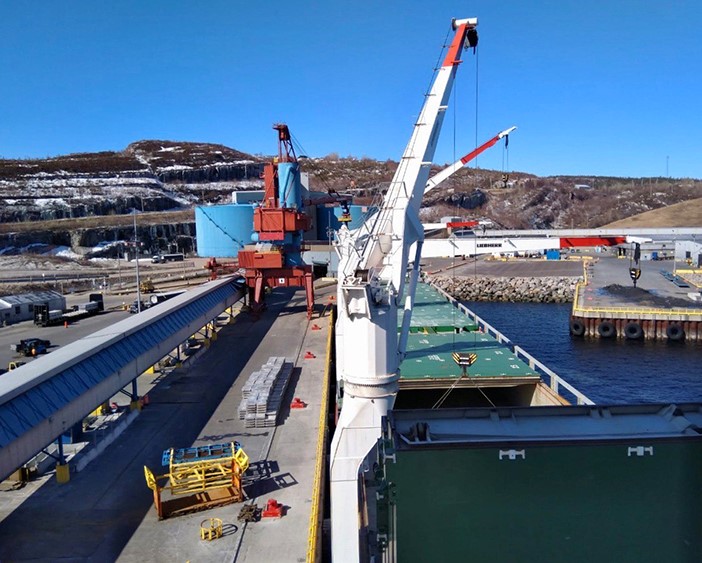 Image:The Tiberborg vessel berthed  in Baie Comeau, near the entrance to the Saint Lawrence River in Canada.