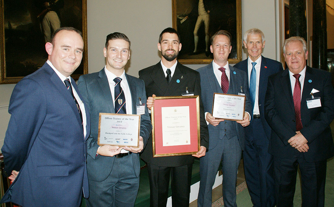 Image:Left to right, are: Neil Atkinson and Brady Hogg, from Fleetwood Nautical Campus; UK Officer Trainee of the Year Tristan Greaney; James Halle, from Princess Cruises; MCA chief executive Sir Alan Massey; and Princess Cruises HR director David Colclough.
