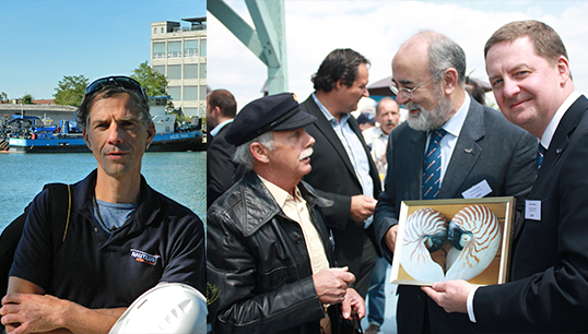 Image:Uniting maritime professionals in a cross-border trade union: From left: Holger Schatz, Nautilus national organiser for Switzerland, and 10 years ago at the launch of the Union's Swiss section: Mark Dickinson, the Union's current general secretary and Nick Bramley (second from right) the Union's former Swiss official and retired international officer.