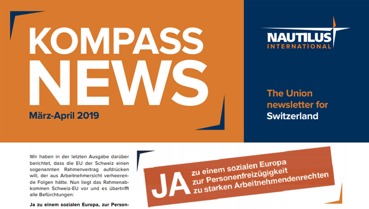 Image:Die Mai-Juni 2019 Ausgabe des Kompass – der reguläre Newsletter für die Mitglieder von Nautilus Schweiz – ist nun online.

