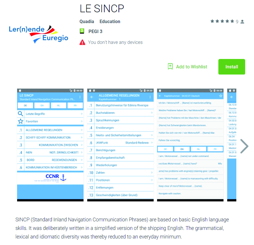 Image:Die App für Smartphones oder Tablets enthält mehr als 1000 Standard-Redewendungen für die Binnenschifffahrt.