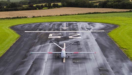 Image:The Hermes 900 drone on the runway at Aberporth Airport. Image: Elbit Systems.