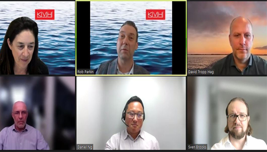 Image:Connectivity in the ideal digital vessel: From top left to right :KVH Industries panellists included Jill Connors, Rob Parkin and David Tropp Hag, and (bottom right) Sven Brooks. Other connectivity experts included from bottom left, Mike Powell of StratumFive, and Daniel Ng of CyberOwl.