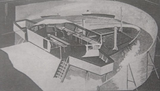 Image:An artist's impression of the first UK ship manoeuvring simulator proposed by Vickers. It drew from the success of one established in 1968 at the TNO institute at Delft.