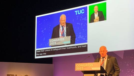 Image:First time TUC delegate and Nautilus member Phil Lees addresses the motion on a  fair climate transition. Image: Nautilus International