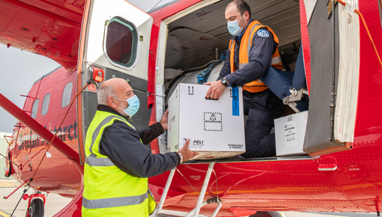 Image:The vaccines were flown by the RAF from Brize Norton, via Senegal, to Mount Pleasant Airbase in the Falkland Islands. They were then taken by a BAS aircraft to the research station at Rothera, on the Antarctic Peninsula. The total voyage was almost 10,000 miles, covering 4 continents. Image: MOD