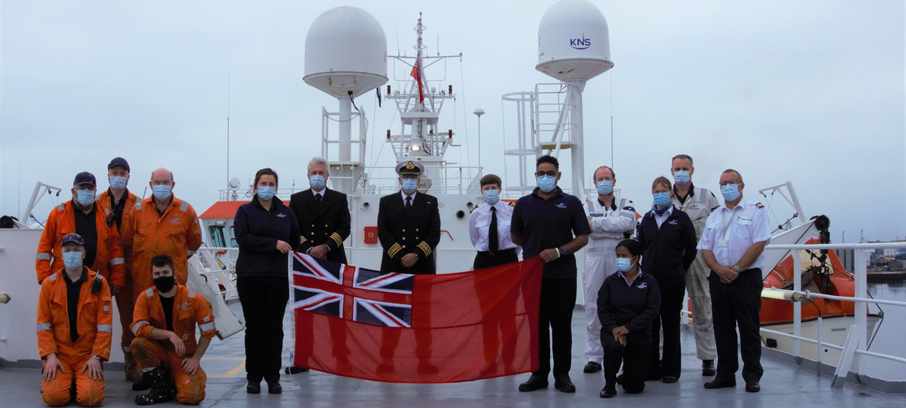 Image:Crew show their support for Merchant Navy Day aboard the Northlink Serco Ferries vessel MV Hrossey. Image:  Paul Gellately, HR Manager, at Northlink Serco Ferries.