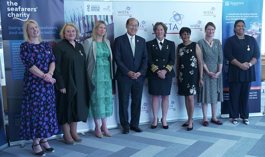 Image:Merchant Navy Medal recipients with IMO secretary general Kitack Lim, L-R: Capt Susan Thomson, Helene Peter-Davies, Claire Womersley, Kitack Lim, Capt Jessica Tyson, Fazilette Khan, Capt Fran Collins, Capt Belinda Bennett. Image: WISTA UK
