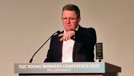 Image:Mark Dickinson at the TUC Young Workers' Conference in March 2025. Image: Nautilus Interational