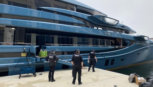 Image:The superyacht Phi, which was detained by the NCA in Canary Wharf, London. Image: National Crime Agency