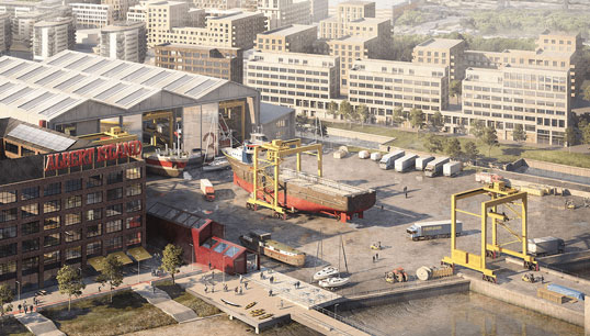 Image:An artist's impression of the planned new shipyard which forms part of Albert Island, London & Regional's 25-acre, multimillion-pound industrial regeneration scheme in the Royal Docks. Image: PLA