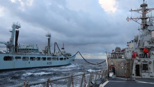 Image:RFA Tideforce in a 2020 NATO exercise with US guided-missile destroyer USS The Sullivans. Image: Wikimedia Commons