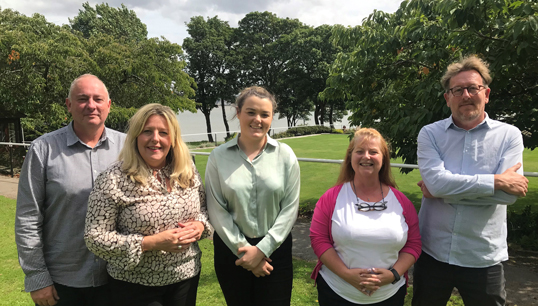 Image:Some of the Nautilus Welfare Fund caseworkers. L to R: Iain Lindsay, Glasgow; Ruth O'Brien, Merseyside; Kayleigh Bricknell, Cardiff and South Wales; Gwen Rayner, Tyne and Wear; John Norris, Hull and Grimsby. There is also a caseworker in Portsmouth.