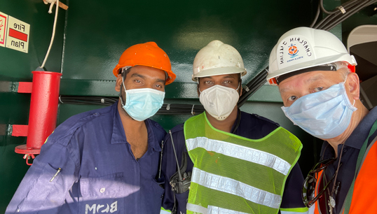 Image:Chaplain Julian Wong meets some of the new crew on the Ever Given. Image: Stella Maris