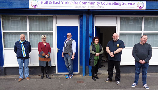 Image:The team at the Hull and East Yorkshire Community Counselling Service, L-R: volunteer Keith Thompson, therapist Dorothy Parker, therapist Craig Brody, volunteers Tracy Metcalfe and Craig Metcalfe, therapist Carl Norton
