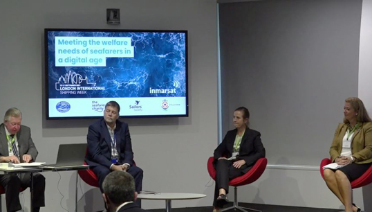 Image:The third of four panel sessions during the LISW 2021 maritime charity seminar addressing the needs of seafarers in a digital age. From left: John Adams, event chair; Ronald Spithout, president Inmarsat Maritime; Katie Higginbottom, head of the ITF Seafarers' Trust, and Sara Baade, Sailors' Society CEO.