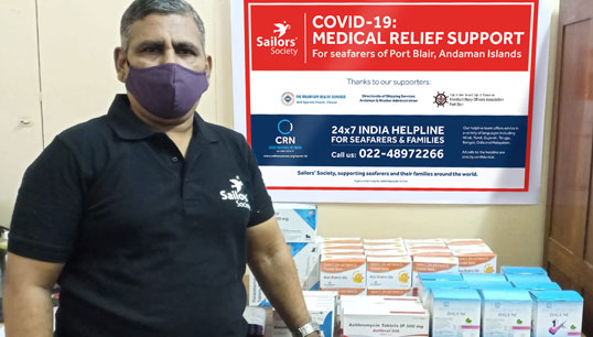 Image:Manoj Joy, a Sailor's Society community development manager with some of the medicines being sent to the seafarers. Image: Sailor's Society.