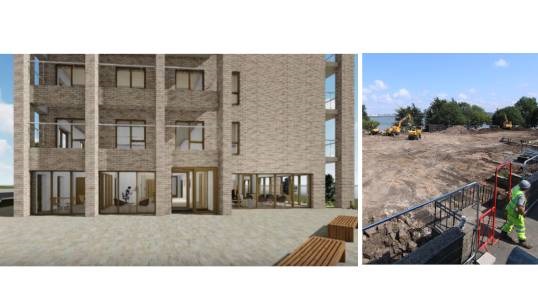Image:L-R: An architect's impression of how the development will look. Ground work clearing underway. Images: Pozzoni Architecture and Time-lapse Manchester