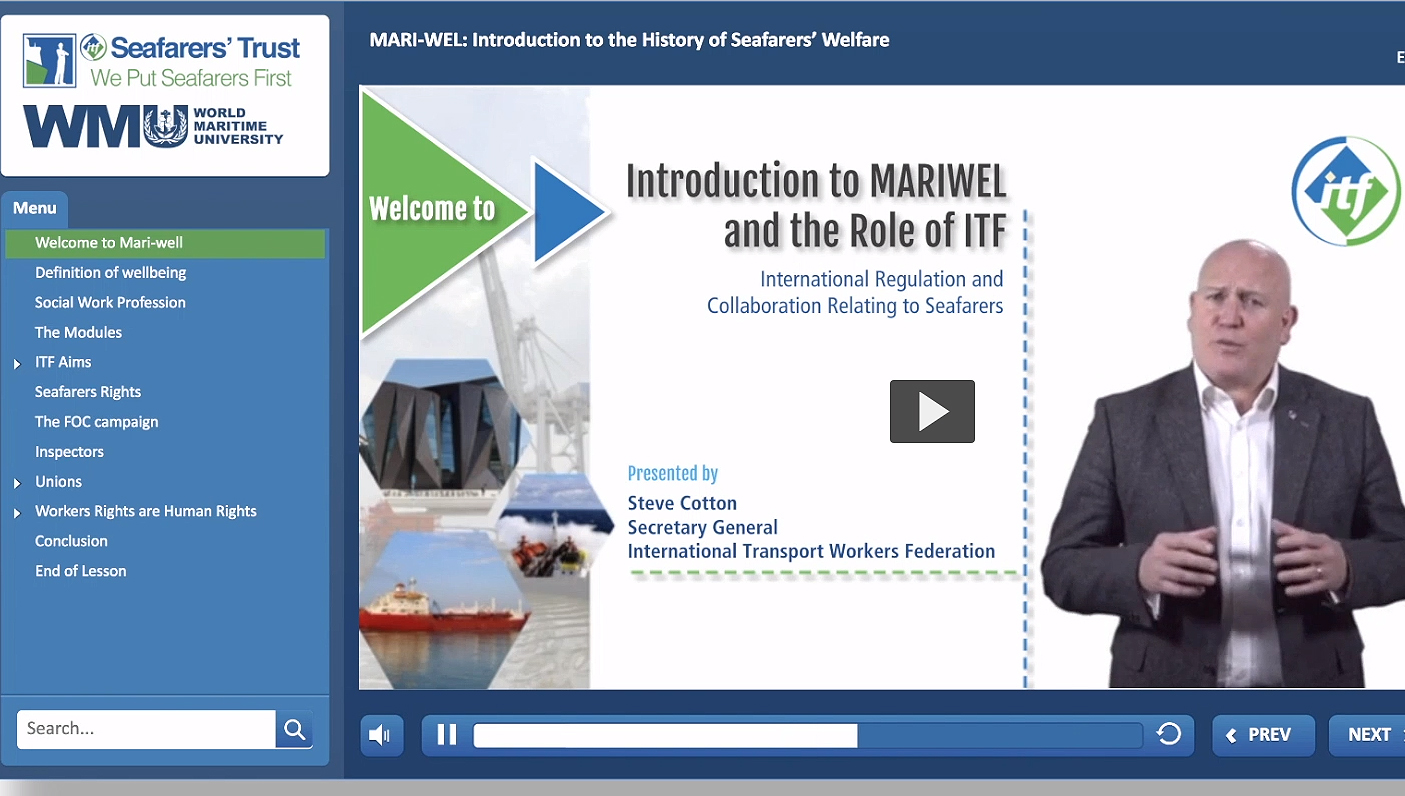 Image:ITF general secretary Steve Cotton introduces the new seafarer distance learning programme Maritime Welfare (MARI-WEL) - a professional development programme launched for Day of the Seafarer 2018.