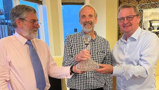 Image:Retiring Nautilus Welfare Fund (NWF) manager Mick Howarth (middle) with Nautilus general secretary Mark Dickinson (right) and chair of NWF Committee Bob Thornton. Images: Nautilus International