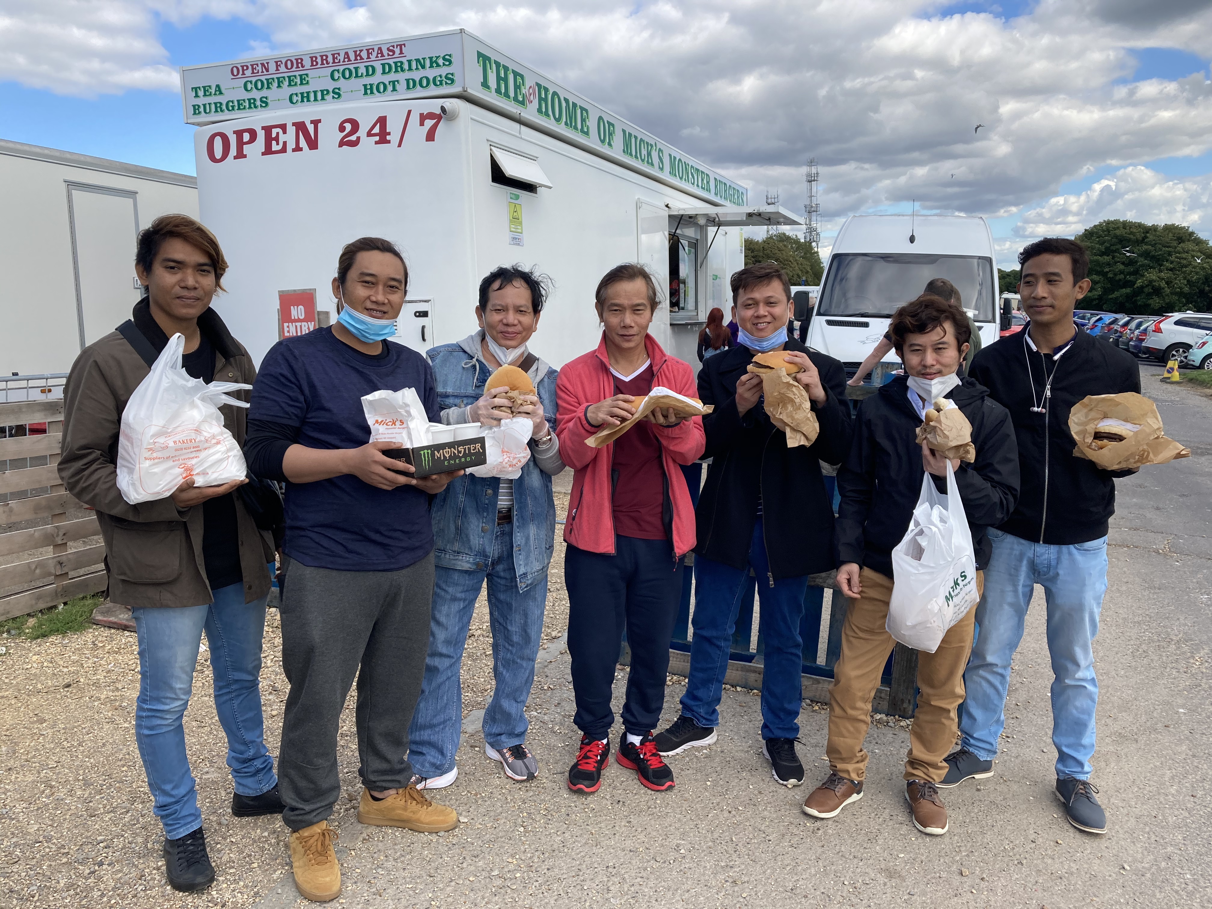 Image:The seafarers visited "Mick's Monster Burgers" on Portsdown Hill, Portsmouth while waiting for repatriation. Image: Apostleship of the Sea