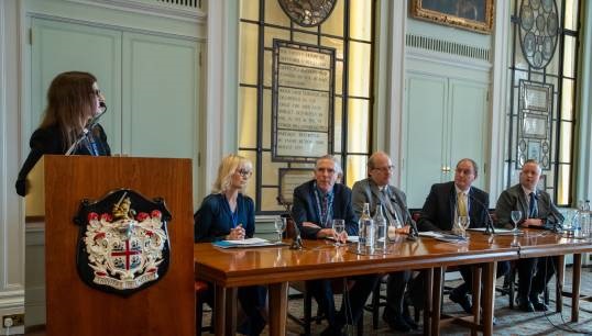 Image:Nautilus head of international relations Danny McGowan (furthermost right) in the first panel discussion at the February 2024 Seafarers Hospital Society conference. The other panellists are L-R: Michelle Chance (HFW), Sandra Welch (CEO Seafarers Hospital Society), Tim Springett (UK Chamber of Shipping), Jan de Boer (International Maritime Organization), Dave Watkins (CHIRP). Image: SHS