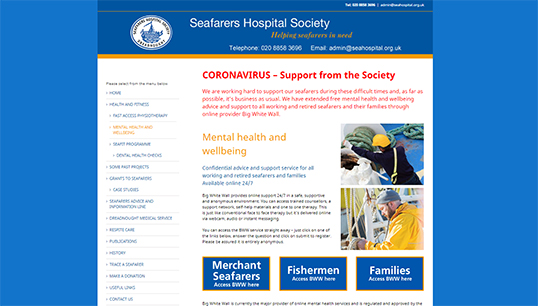 Image:A screenshot of the Seafarers Hospital Society's mental health support webpage