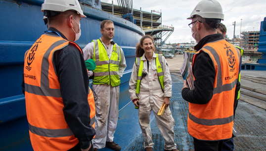 Image:Stella Maris chaplains on a ship visit. Image: Stella Maris 