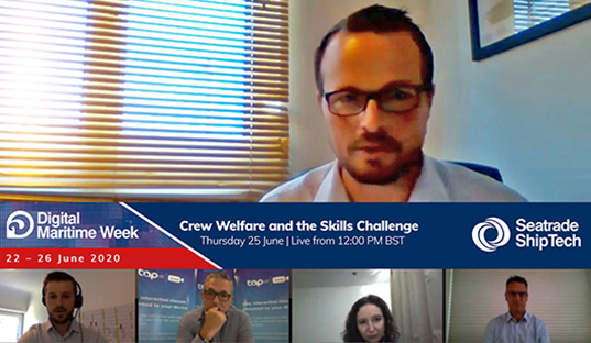 Image:Nautilus professional and technical officer David Appleton speaking at the Crew Welfare and the Skills Challenge webinar on Day of the Seafarer 2020, with fellow panellists, L-R: Nick Chubb, Richard Turner, Clara Wahnich and Cameron Mitchell