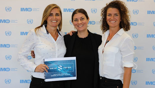 Image:She of the Sea and LegaSea co-founders Natasha Ambrose and Jenny Matthews (right)  at a meeting with the International Maritime Organisation's principal programme assistant Helen Buni (middle) in February 2020.